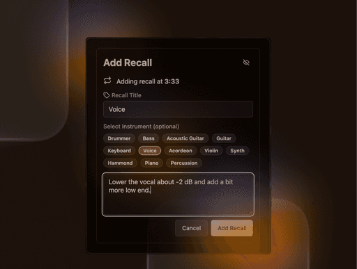 Screen for adding an automatic recall to a track